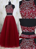 A-Line/Elegant Sleeveless Jewel Tulle Beading Floor-Length Two Piece Prom Dresses
