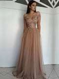 A-Line/Elegant Sleeveless Off-the-Shoulder Floor-Length Applique Tulle Prom Dresses