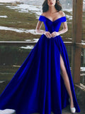 A-Line/Elegant Sleeveless Off-the-Shoulder Floor-Length Ruffles Satin Prom Dresses