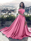 A-Line/Elegant Sleeveless Off-the-Shoulder Ruffles Satin Court Train Prom Dresses