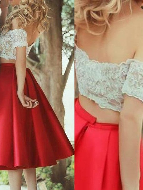 A-Line/Elegant Sleeveless Off-the-Shoulder Satin Lace Knee-Length Two Piece Prom Dresses