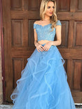 A-Line/Elegant Sleeveless Off-the-Shoulder Tulle Applique Floor-Length Two Piece Prom Dresses