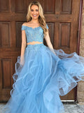 A-Line/Elegant Sleeveless Off-the-Shoulder Tulle Applique Floor-Length Two Piece Prom Dresses