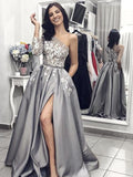 A-Line/Elegant Sleeveless One-Shoulder Applique Satin Prom Dresses