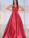 A-Line/Elegant Sleeveless Ruffles V-neck Satin Floor-Length Prom Dresses