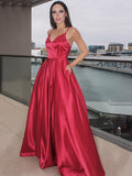 A-Line/Elegant Sleeveless Ruffles V-neck Satin Floor-Length Prom Dresses