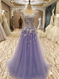 A-Line/Elegant Sleeveless Scoop Floor-Length Applique Tulle Prom Dresses