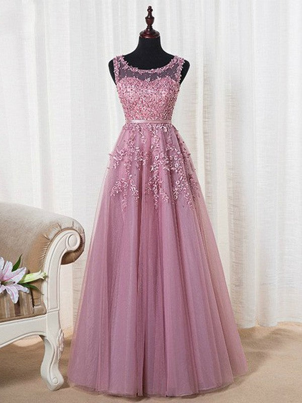 A-Line/Elegant Sleeveless Scoop Floor-Length Tulle Beading Prom Dresses