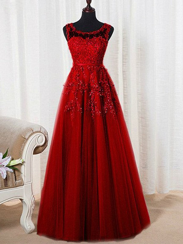 A-Line/Elegant Sleeveless Scoop Floor-Length Tulle Beading Prom Dresses
