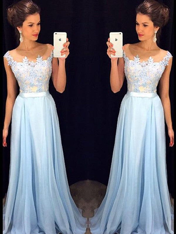 A-Line/Elegant Sleeveless Sheer Neck Applique Chiffon Prom Dresses
