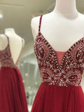 A-Line/Elegant Sleeveless Spaghetti Straps Chiffon Floor-Length Beading Prom Dresses