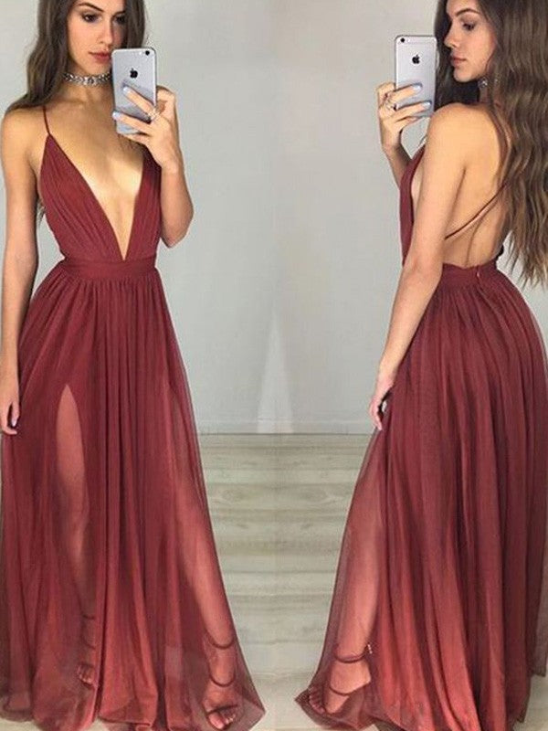A-Line/Elegant Sleeveless Spaghetti Straps Chiffon Floor-Length Ruched Prom Dresses