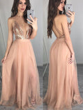 A-Line/Elegant Sleeveless Spaghetti Straps Chiffon Floor-Length Sequin Prom Dresses