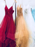 A-Line/Elegant Sleeveless Spaghetti Straps Floor-Length Tulle Prom Dresses