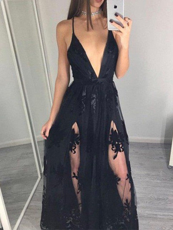 A-Line/Elegant Sleeveless Spaghetti Straps Tulle Floor-Length Applique Prom Dresses