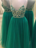 A-Line/Elegant Sleeveless Spaghetti Straps Tulle Floor-Length Beading Prom Dresses