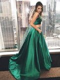 A-Line/Elegant Sleeveless Square Floor-Length Ruffles Satin Two Piece Prom Dresses