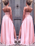 A-Line/Elegant Sleeveless Straps Floor-Length Ruched Silk like Satin Prom Dresses