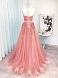 A-Line/Elegant Sleeveless Tulle Halter Applique Prom Dresses