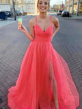 A-Line/Elegant Sleeveless Tulle V-neck Ruched Prom Dresses