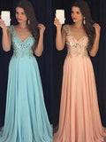 A-Line/Elegant Sleeveless V-neck Chiffon Paillette Floor-Length Prom Dresses