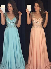A-Line/Elegant Sleeveless V-neck Chiffon Paillette Floor-Length Prom Dresses