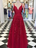 A-Line/Elegant Sleeveless V-neck Floor-Length Applique Tulle Prom Dresses