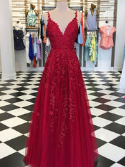 A-Line/Elegant Sleeveless V-neck Floor-Length Applique Tulle Prom Evening Dresses