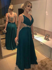 A-Line/Elegant Sleeveless V-neck Floor-Length Beading Chiffon Prom Evening Dresses