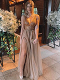 A-Line/Elegant Sleeveless V-neck Floor-Length Rhinestone Tulle Prom Dresses