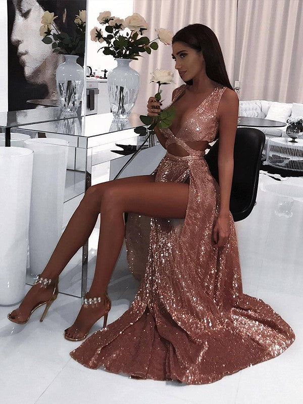 A-Line/Elegant Sleeveless V-neck Floor-Length Ruffles Sequins Prom Evening Dresses