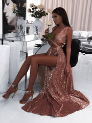 A-Line/Elegant Sleeveless V-neck Floor-Length Ruffles Sequins Prom Evening Dresses