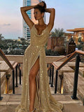 A-Line/Elegant Sleeveless V-neck Ruffles Sequins Prom Dresses