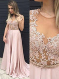 A-Line/Elegant Sleeveless V-neck Satin Lace Floor-Length Prom Dresses