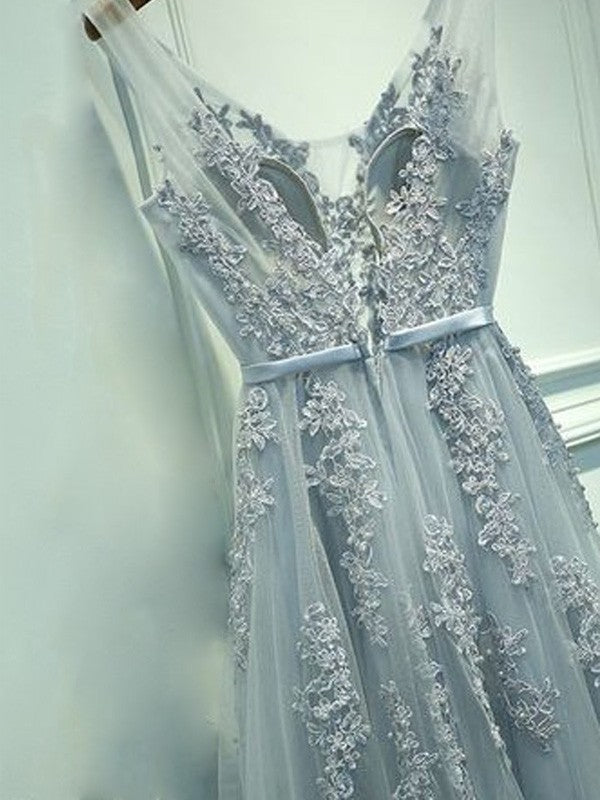 A-Line/Elegant Sleeveless V-neck Tulle Applique Floor-Length Prom Dresses
