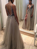 A-Line/Elegant Sleeveless V-neck Tulle Paillette Prom Dresses