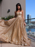 A-Line/Elegant Spaghetti Straps Sequins Sleeveless Ruffles Prom Dresses