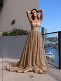 A-Line/Elegant Spaghetti Straps Sequins Sleeveless Ruffles Prom Dresses