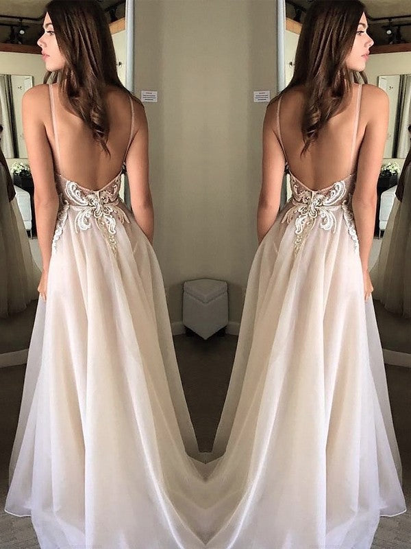 A-Line/Elegant Spaghetti Straps Sleeveless Applique Chiffon Prom Dresses