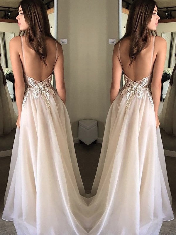 A-Line/Elegant Spaghetti Straps Sleeveless Applique Chiffon Prom Dresses