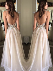 A-Line/Elegant Spaghetti Straps Sleeveless Applique Chiffon Prom Dresses