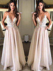 A-Line/Elegant Spaghetti Straps Sleeveless Applique Chiffon Prom Dresses