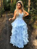 A-Line/Elegant Spaghetti Straps Sleeveless Applique Organza Floor-Length Prom Dresses