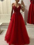 A-Line/Elegant Spaghetti Straps Sleeveless Floor-Length Applique Tulle Prom Dresses