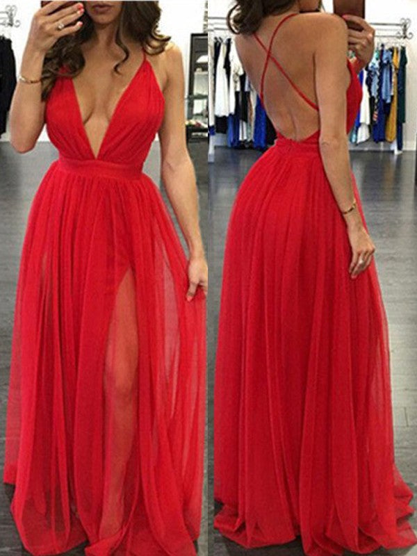 A-Line/Elegant Spaghetti Straps Sleeveless Floor-Length Chiffon Prom Dresses