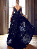 A-Line/Elegant Spaghetti Straps Sleeveless High Low Lace Prom Dresses