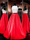 A-Line/Elegant Spaghetti Straps Sleeveless Satin Floor-Length Lace Two Piece Prom Dresses