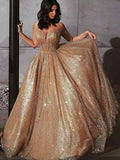 A-Line/Elegant Spaghetti Straps Tulle Sequin Sleeveless Prom Dresses