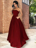 A-Line/Elegant Strapless Sleeveless Floor-Length Ruffles Satin Prom Dresses