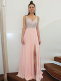 A-Line/Elegant Straps Beading Sleeveless Chiffon Floor-Length Prom Dresses